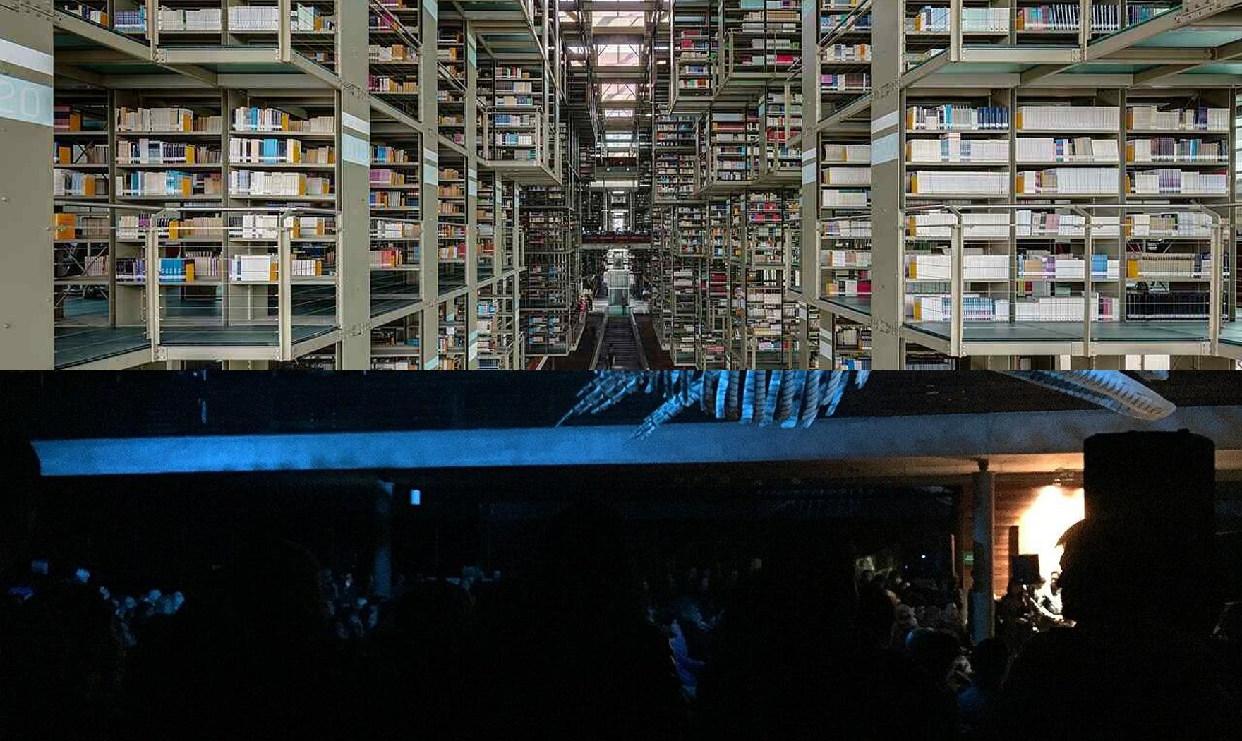Biblioteca Vasconcelos: hanging bookshelves and the whale skeleton in the main hall
