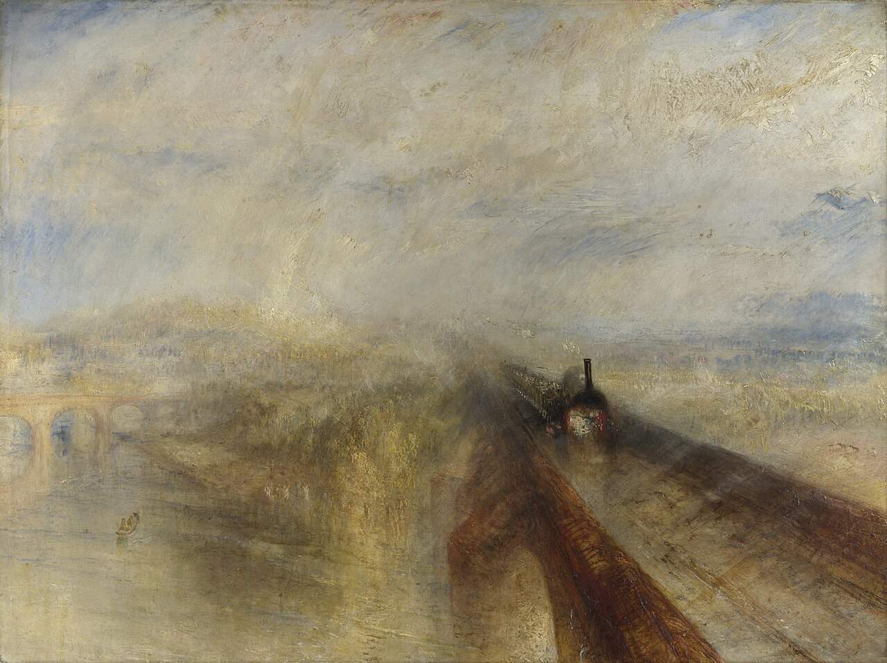 Turner, Rain, Steam and Speed: a train crossing a bridge in rain and mist