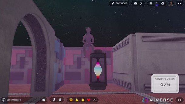 Within on VIVERSE: a seated figure, a glowing lantern and pink and blue walls of the maze